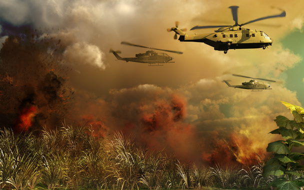 helikoptery powyżej tropikalnej dżungli - Zdjęcie, obraz