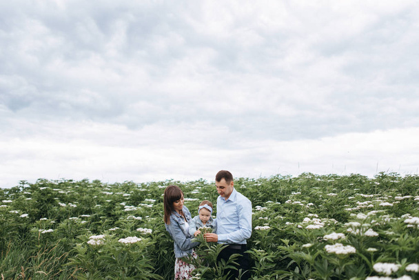 Happy parents standing together and hugging daughter in flowering field - Photo, Image