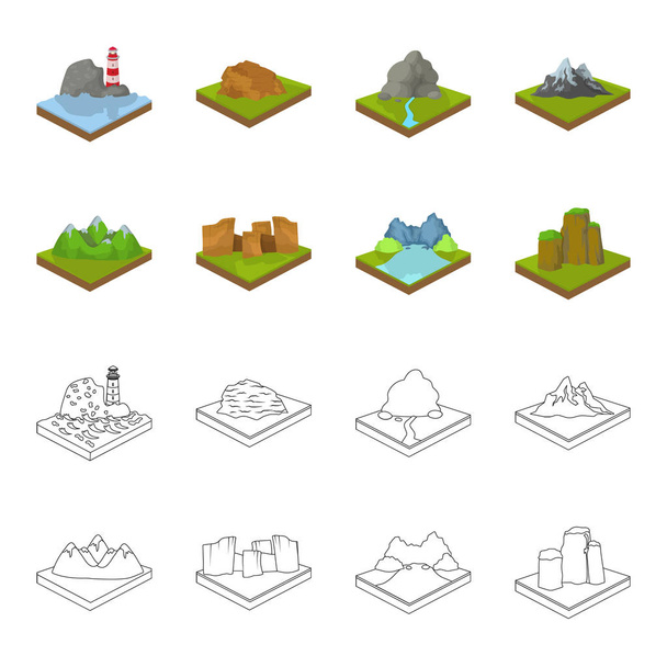 Mountains, rocks and landscape. Relief and mountains set collection icons in cartoon,outline style isometric vector symbol stock illustration web. - Вектор,изображение