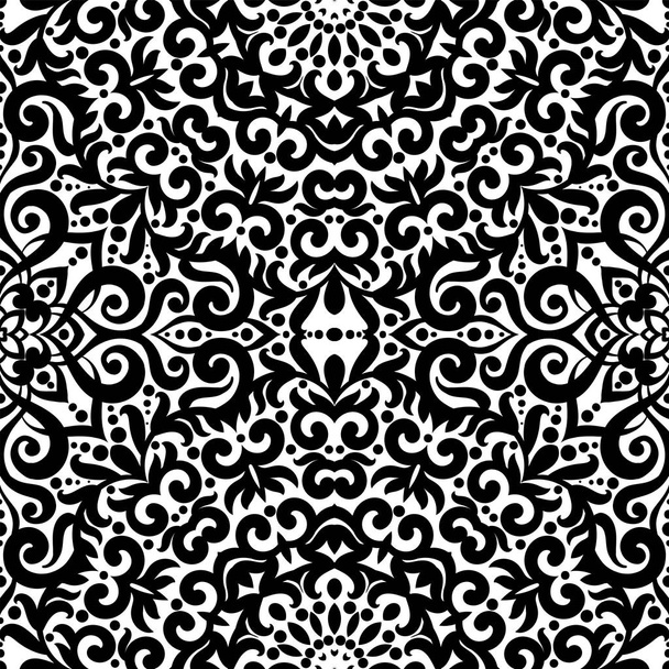 Nahtloses schwarz-weißes Muster mit florierendem, monochromen Hintergrund. ethnische Stammesornament, dekorative wiederholte Textur endlose Fliese, östlichen exquisiten Stil Tapete oder Textur - Vektor, Bild