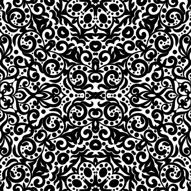 Черно-белый бесшовный рисунок с цветущим монохромным замысловатым фоном. Племенной этнический орнамент, декоративная повторяющаяся текстура бесконечная плитка, восточные изысканные обои или текстура
 - Вектор,изображение
