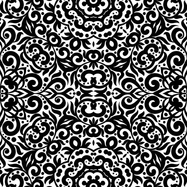 Zwart-wit naadloze patroon met bloeit, monochroom ingewikkelde achtergrond. Tribal etnische sieraad, decoratieve herhalende textuur eindeloze tegel, oostelijke exquise stijl behang of textuur - Vector, afbeelding