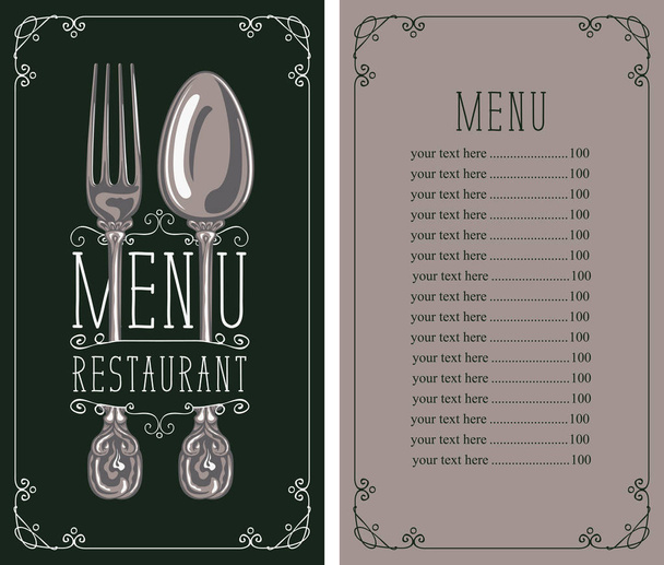 restaurant menu with price list, fork and spoon - Vector, Imagen