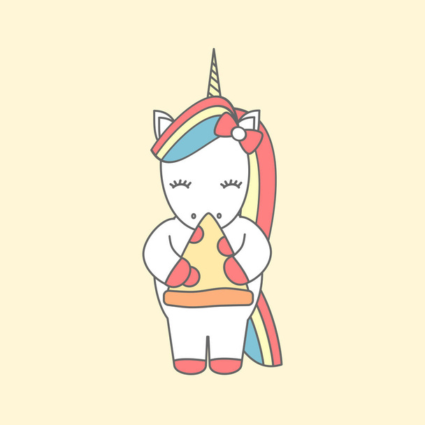cute cartoon vector illustration with unicorn eating pizza  - Vector, Image