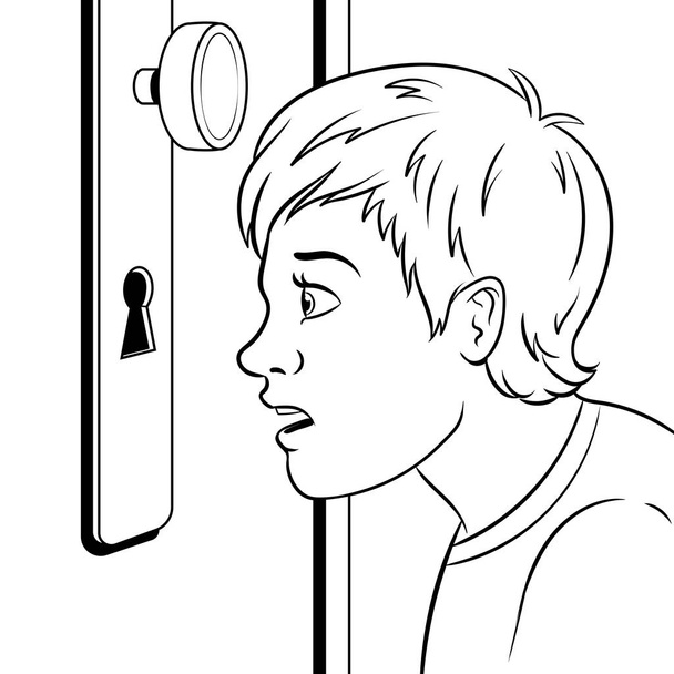 Boy peeks into the keyhole coloring book vector - Vektör, Görsel