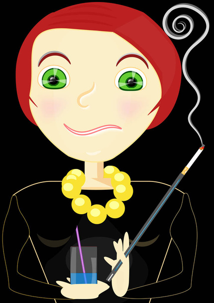 Femme élégamment habillée pour un événement ou une célébration avec cigare dans un long étui à cigarettes et une tasse
. - Photo, image