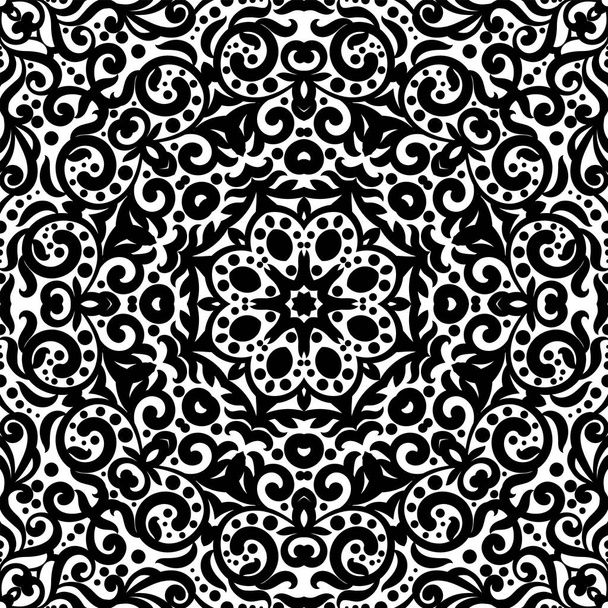 Černé a bílé vzor bezešvé s kudrlinkami, monochromatický složité pozadí. Domorodé etnické ornament, dekorativní opakující nekonečný dlaždice textury, východní vytříbený styl tapety nebo textury - Vektor, obrázek
