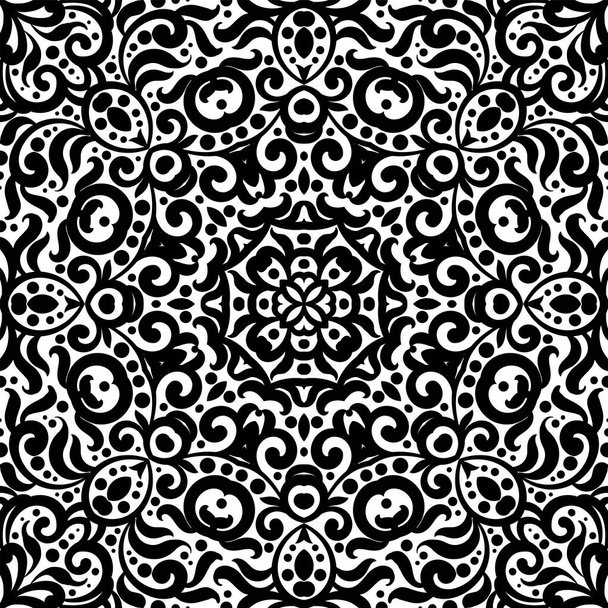 Черно-белый бесшовный рисунок с цветущим монохромным замысловатым фоном. Племенной этнический орнамент, декоративная повторяющаяся текстура бесконечная плитка, восточные изысканные обои или текстура
 - Вектор,изображение