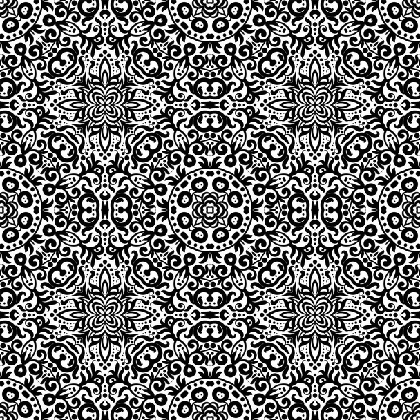 Black and white seamless pattern with flourishes, monochrome intricate background. Tribal ethnic ornament, decorative repeating texture endless tile, eastern exquisite style wallpaper or texture - Vector, Image