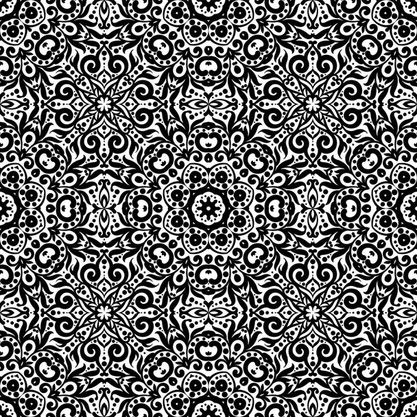 Black and white seamless pattern with flourishes, monochrome intricate background. Tribal ethnic ornament, decorative repeating texture endless tile, eastern exquisite style wallpaper or texture - Vector, Image