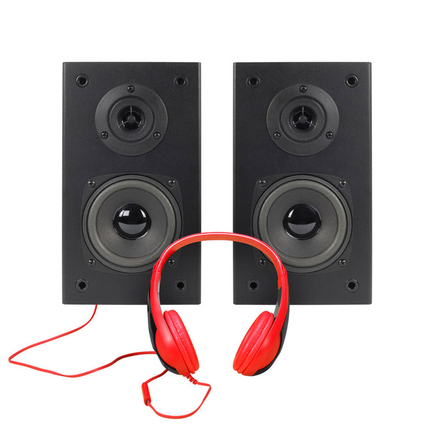 Music and sound - Two loudspeaker enclosure and headphone. Isola - Photo, Image