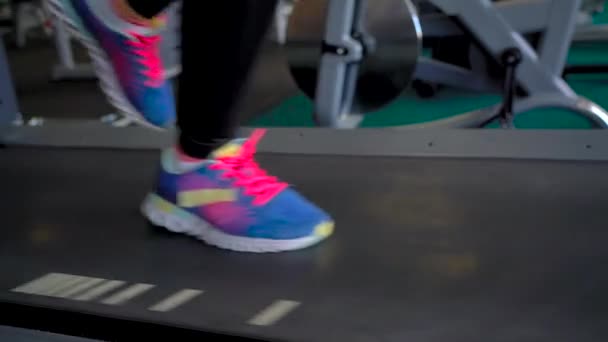 Mujer corriendo en la cinta de correr en el gimnasio, cámara lenta
 - Imágenes, Vídeo