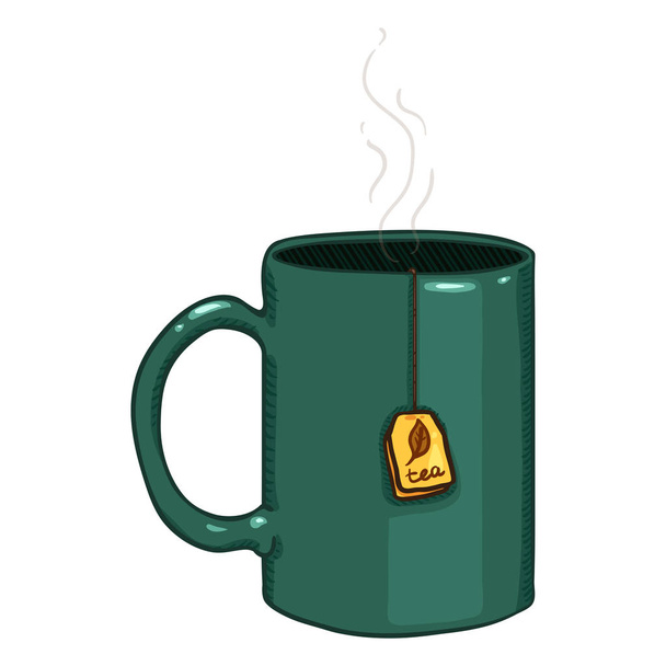 Кружка зеленого чая с этикеткой "Чайный мешок"
 - Вектор,изображение