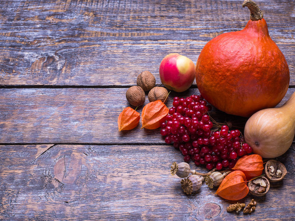 Calabaza, manzanas, viburnum, physalis, briar, nueces y hojas de otoño sobre un fondo de madera viejo
. - Foto, Imagen