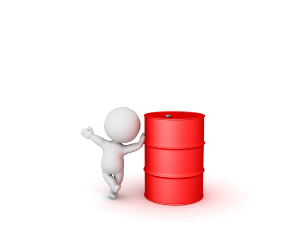 3D Character waving and leaning on a red oil drum - Photo, image