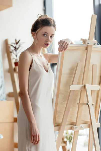 beautiful tender young artist leaning at easel and looking at camera - 写真・画像