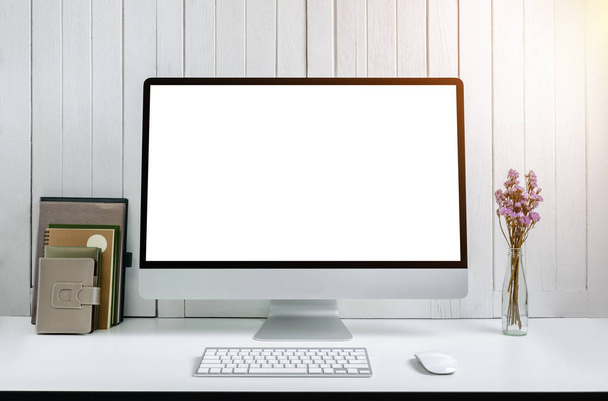 workplace background with Blank white screen modern desktop comp - Фото, зображення