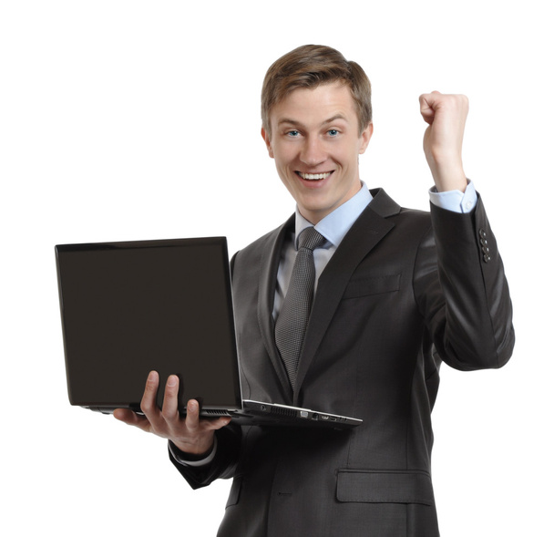 Бізнесмен з ноутбуком святкує перемогу
 - Фото, зображення