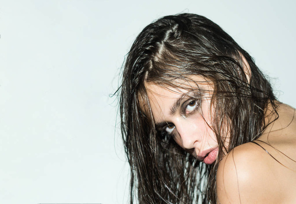 Fashion look of stylish girl, makeup trend. Fashion model with wet hair and smoky eyes. copy space - Φωτογραφία, εικόνα