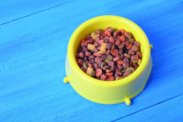Dry cat food in yellow bowl isolated - Foto, Imagem