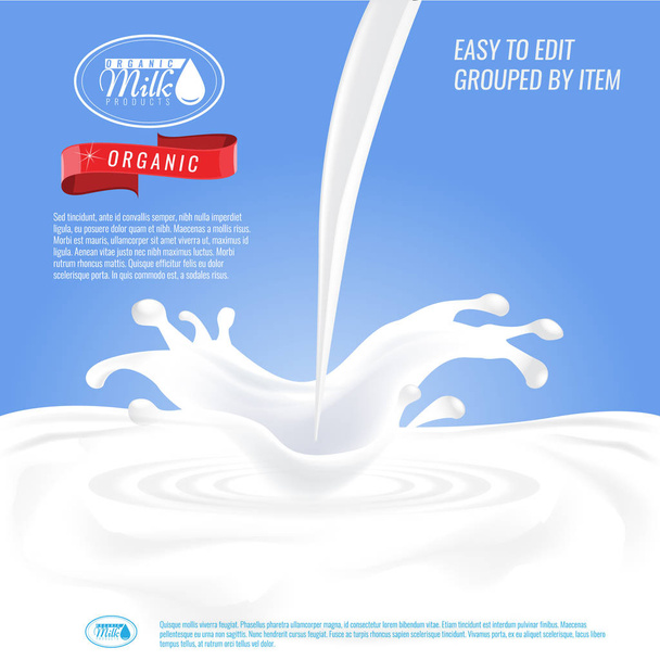 Pakket design met melk splash voor melkachtig zuivelproducten. Avertisement layout sjabloon vector. - Vector, afbeelding