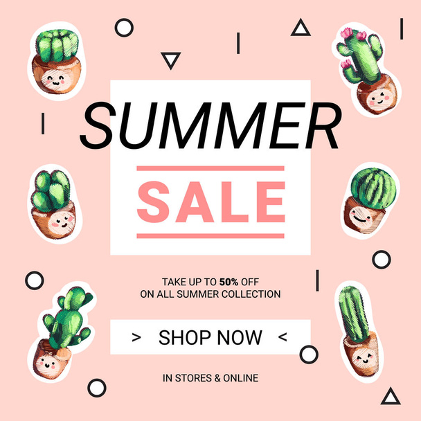 Cute sale banners with embroidery cactus. - Vector, Image