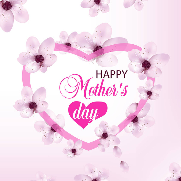 Light background Mothers day with cherry flowers and heart. Design for posters, banners or cards. Vector - Вектор,изображение