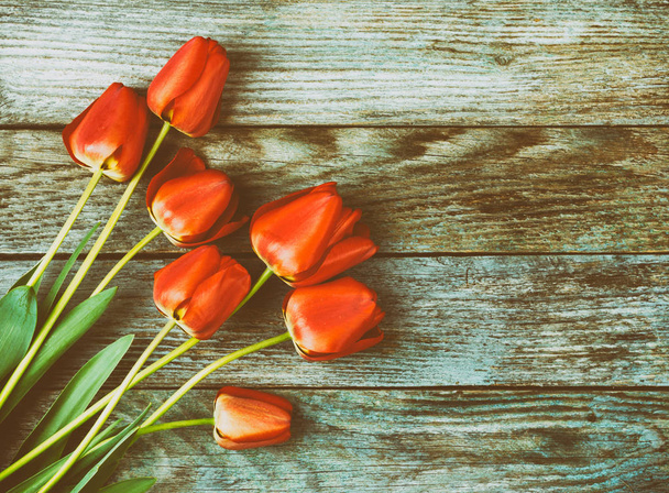 bouquet of red tulips on light blue wooden retro grunge background with copy space. The concept of Mothers Day, womens day, top View - Fotografie, Obrázek
