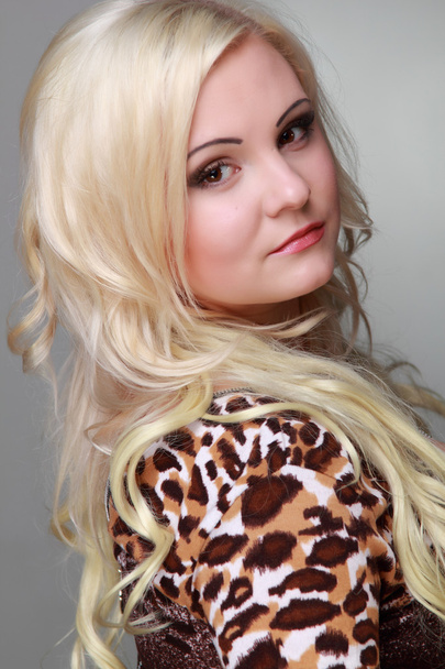 Beautiful girl with long blond hair wearing sexy leopard dress - Foto, Bild