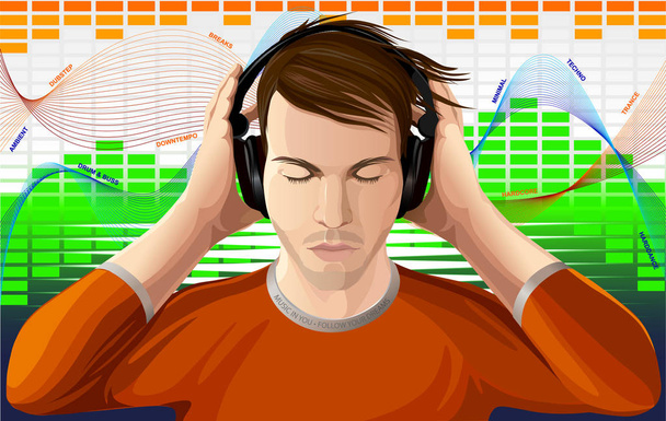El joven escucha la música en los auriculares. Elementos gráficos como ecualizador detrás de. Ilustración vectorial
 - Vector, imagen