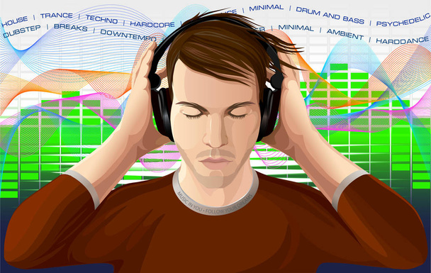 Le jeune homme écoute la musique dans les écouteurs. Éléments graphiques comme un égaliseur derrière. Illustration vectorielle
 - Vecteur, image