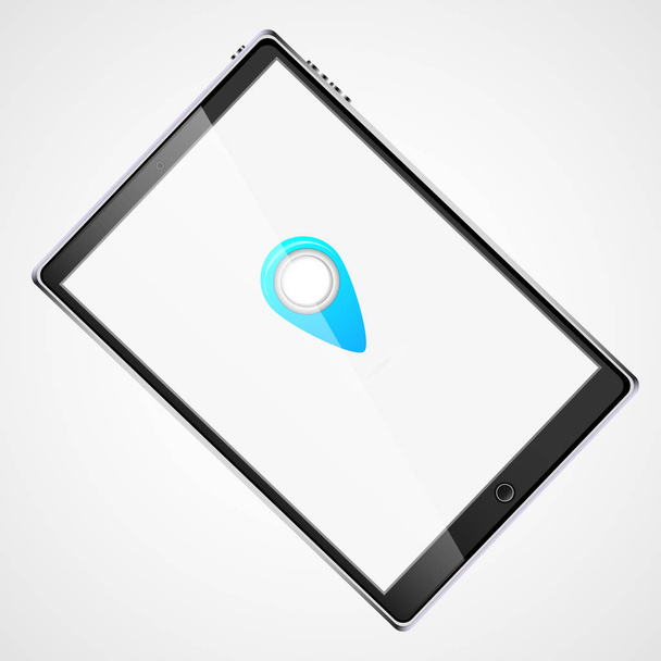 Grote zwarte realistische mobiele slimme aanraakgevoelige slanke tablet pc draaide op zijn kant met blauw label pictogram voor gps met glanzend scherm geïsoleerd op een witte achtergrond. Vectorillustratie - Vector, afbeelding