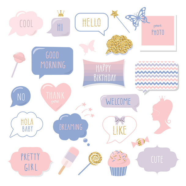 Cute hand drawn speech bubbles and frames with hand written words. Girly stickers set with gold glitter. Happy Birthday, Thank You, Good Morning, Welcome and Hello lettering. - Vecteur, image