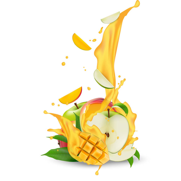 Juice milk yogurt apple and mango cubes splashing. Juicy apple a - Vector, Image