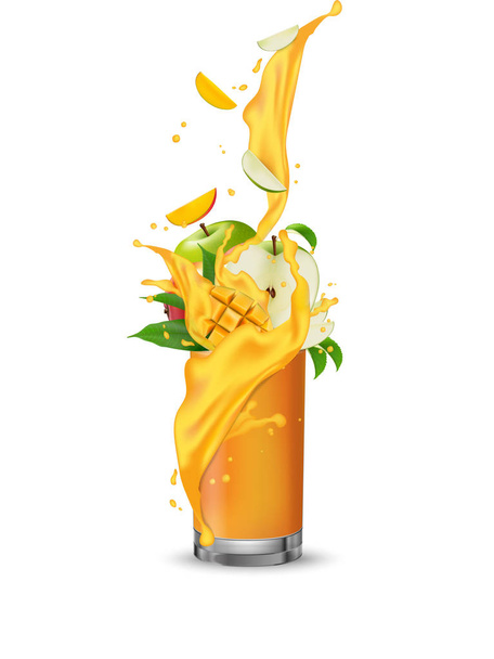 Mango apple fruit cocktail. Splash swirl in the realistic glass. - Vector, Image