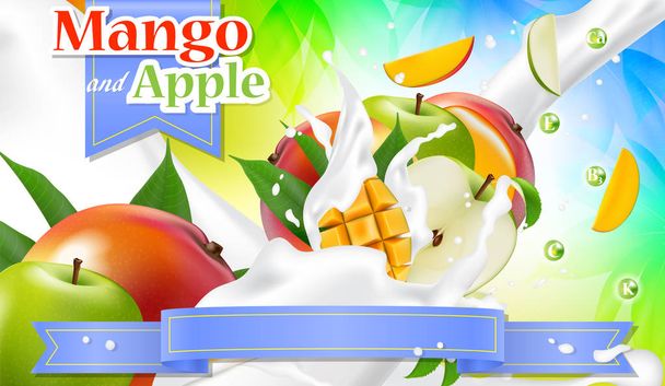 Publicité vectorielle bannière de promotion 3d. éclaboussures réalistes de mangue de pomme
  - Vecteur, image