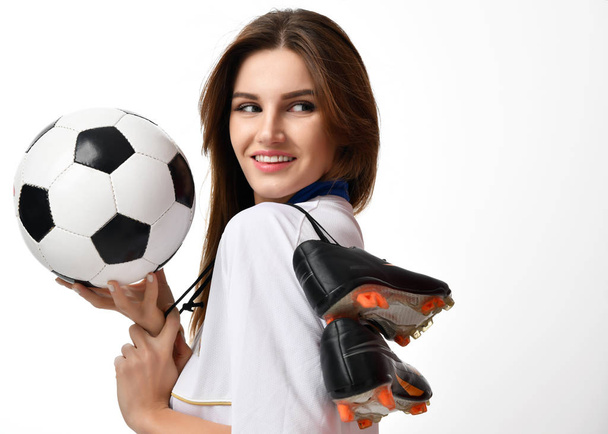 Ruusian style Fan sport woman player in kokoshnik hold soccer ball celebrating happy smiling laughing - Valokuva, kuva