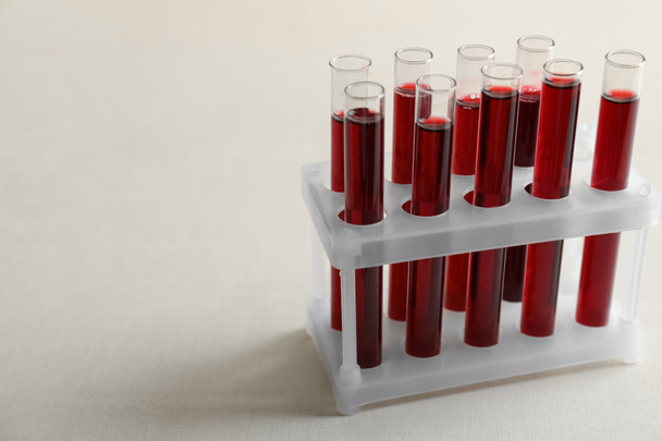 Test tubes with blood samples in holder on table - Фото, изображение