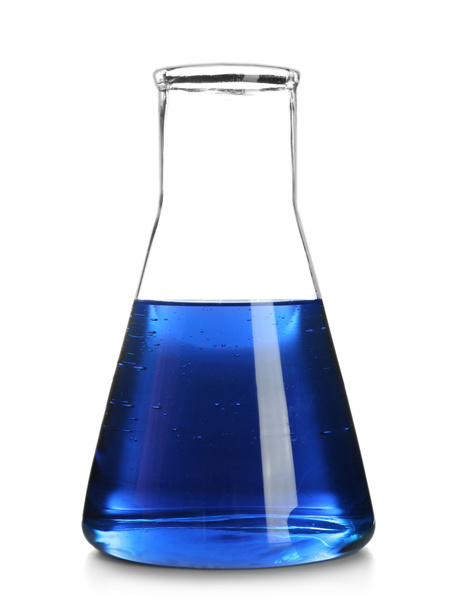 Flask with blue liquid on white background - Photo, Image
