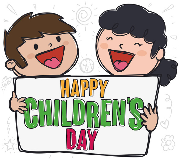 Couple of Kids Holding a Sign and Celebrating Children's Day, Vector Illustration - Vettoriali, immagini