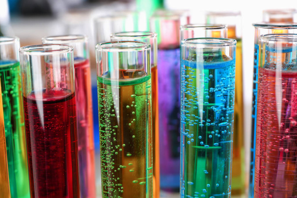 Many test tubes with colorful liquids, closeup - Photo, Image