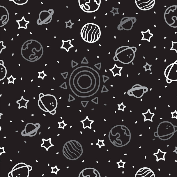 Sun, planet earth and stars from space on black pattern background. Cosmic planet seamless pattern. - Vektor, obrázek