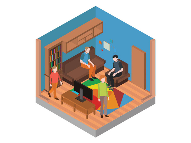 Isometrische woonkamer met isometrische mensen tabel en, tv, meubels, Bank, boekenkast - Vector, afbeelding