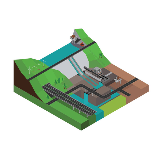 Barragem Hidroeletricidade Central Isométrica, ilustração vetorial
 - Vetor, Imagem