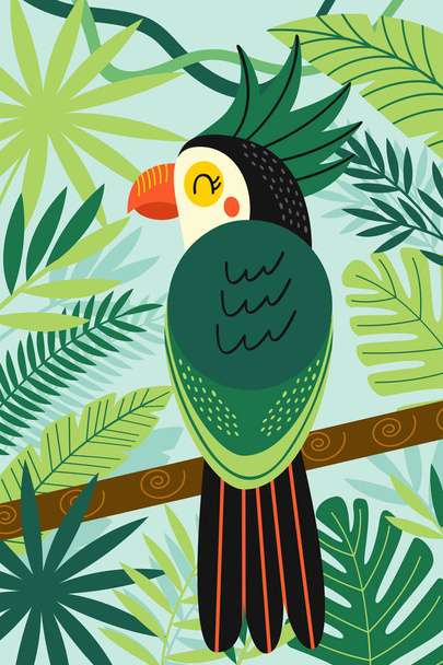 parrot on branch among tropical plants- vector illustration, eps - Вектор,изображение