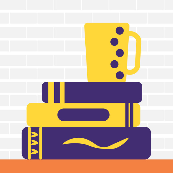 Colored line icon of pile of books and tea - Vector, Image