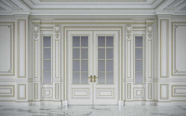Белые стеновые панели в классическом стиле с позолотой. 3d-рендеринг
 - Фото, изображение