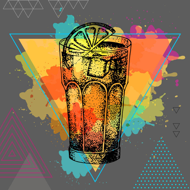 Hipster cocktail long island illustration on artistic polygon watercolor background - Vector, Image