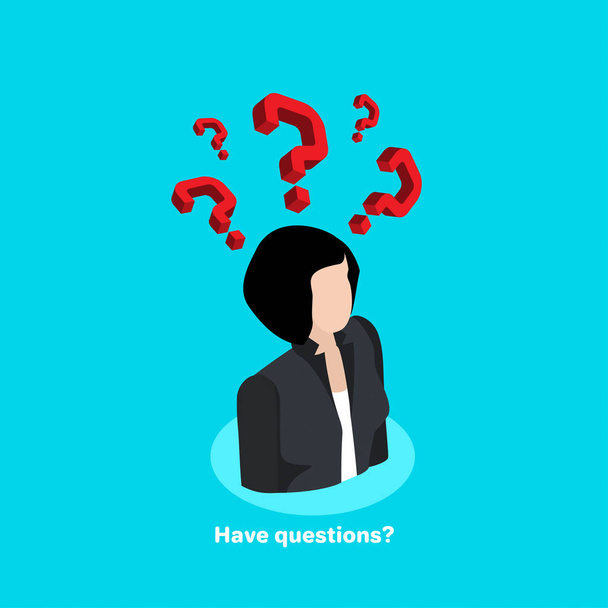 female in a business suit and a red tie, question marks over his head, an isometric icon - Vector, Image