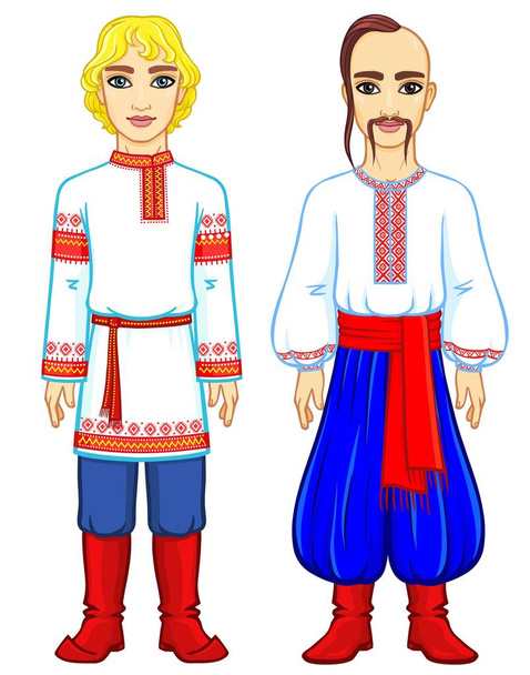 Slavic people. Animation portrait of the Russian and Ukrainian man in traditional clothes. Eastern Europe.  Fairy tale character. Full growth. Vector illustration isolated on a white background. - Vector, Image